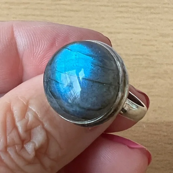 VINTAGE LARGE LABRADORITE CABOCHON RING 925 STERLING SILVER BLUE ETHEREAL GLOW